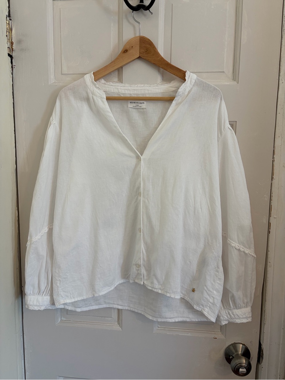 White Button Down Cotton Linen Blend with Eyelet Detail Romantic Cottagecore